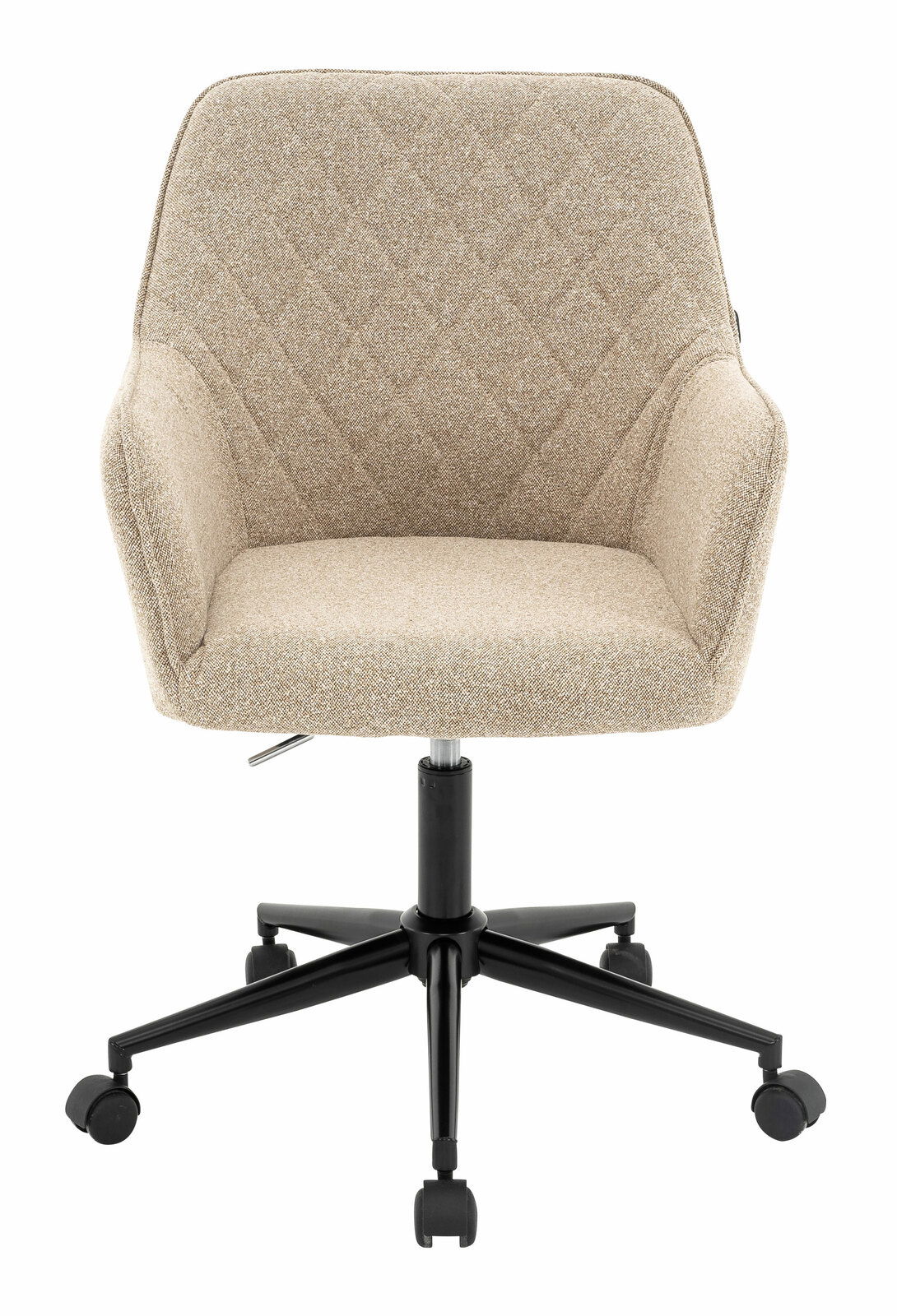 Beiger Drehstuhl mit gepolsterter Sitzfläche und Rückenlehne, auf schwarzem Rollfußgestell, Frontalansicht.