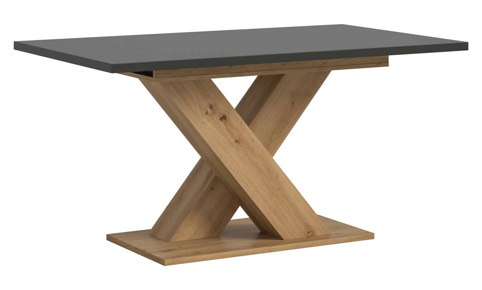 Moderner Esstisch mit X-förmigem Holzgestell und dunkler Tischplatte, seitliche Perspektive
