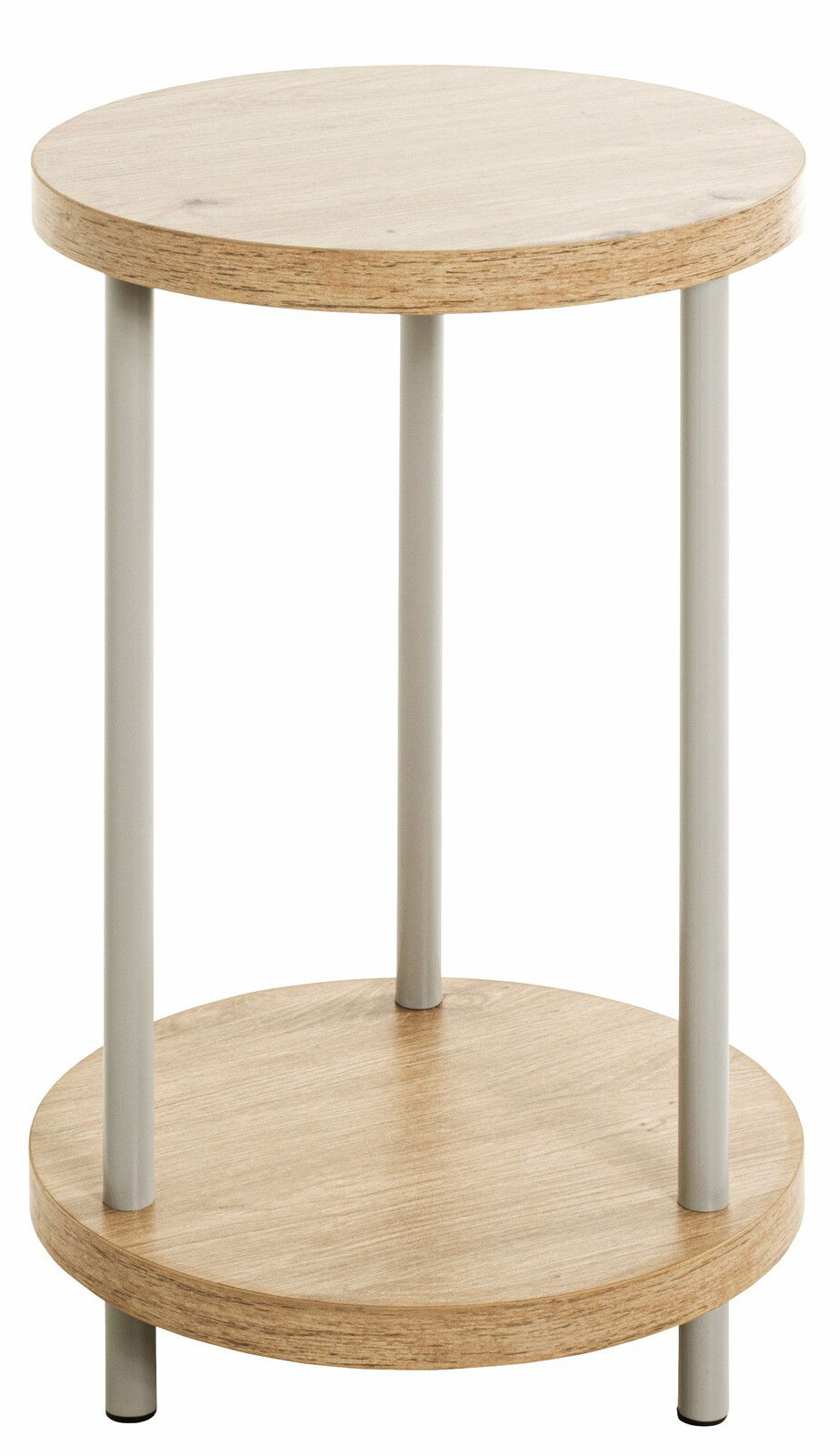 XORA Beistelltisch IMOLA Runder Beistelltisch aus Holz mit zwei Ebenen und Metallbeinen, seitliche Perspektive