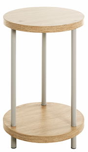 Runder Beistelltisch aus Holz mit zwei Ebenen und Metallbeinen, seitliche Perspektive