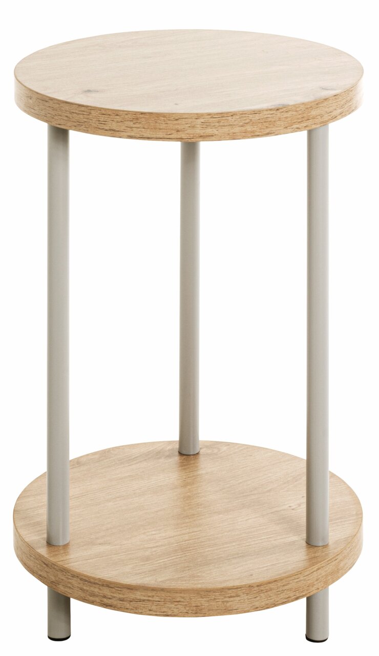 Runder Beistelltisch aus Holz mit zwei Ebenen und Metallbeinen, seitliche Perspektive