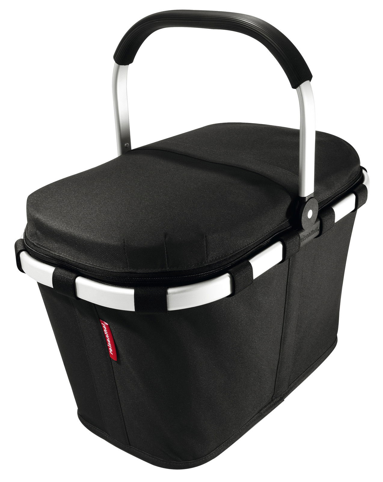 Schwarzer isolierter Einkaufskorb mit Aluminiumgriff, seitliche Perspektive