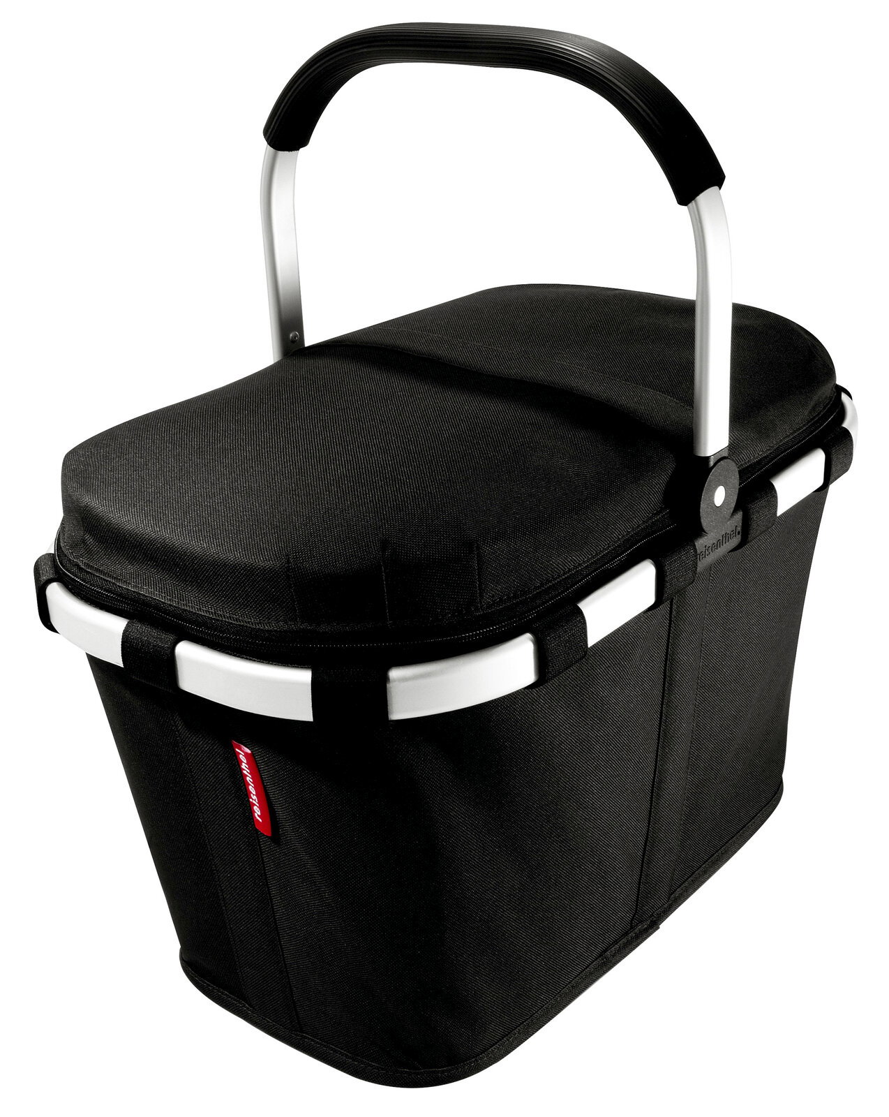 Schwarzer isolierter Einkaufskorb mit Aluminiumgriff, seitliche Perspektive