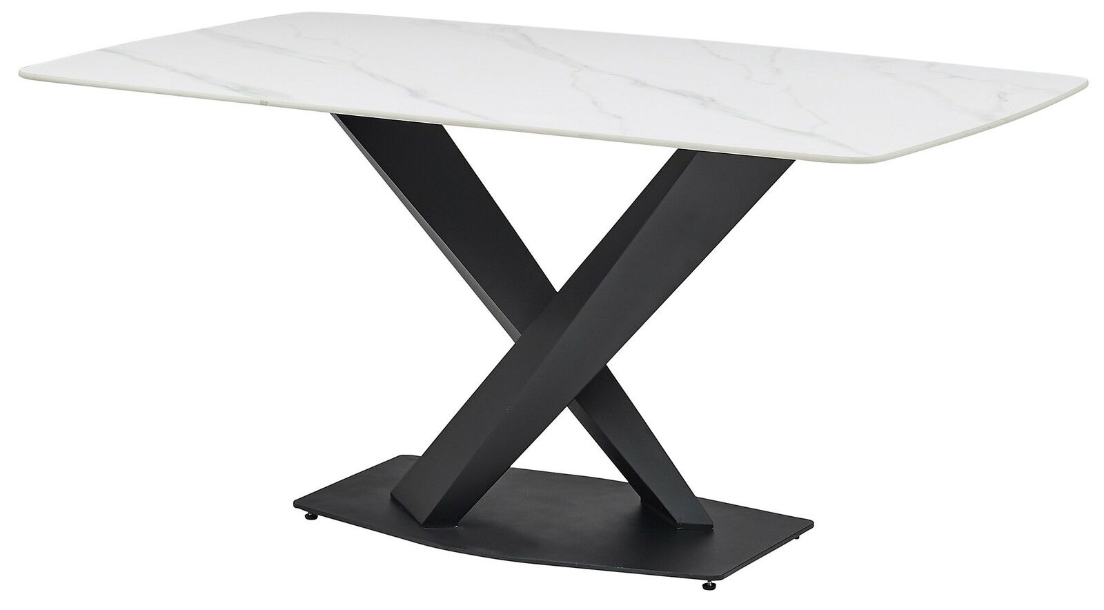 Moderner Esstisch mit weißer Marmoroptik-Tischplatte und schwarzem X-förmigem Metallgestell, seitliche Perspektive