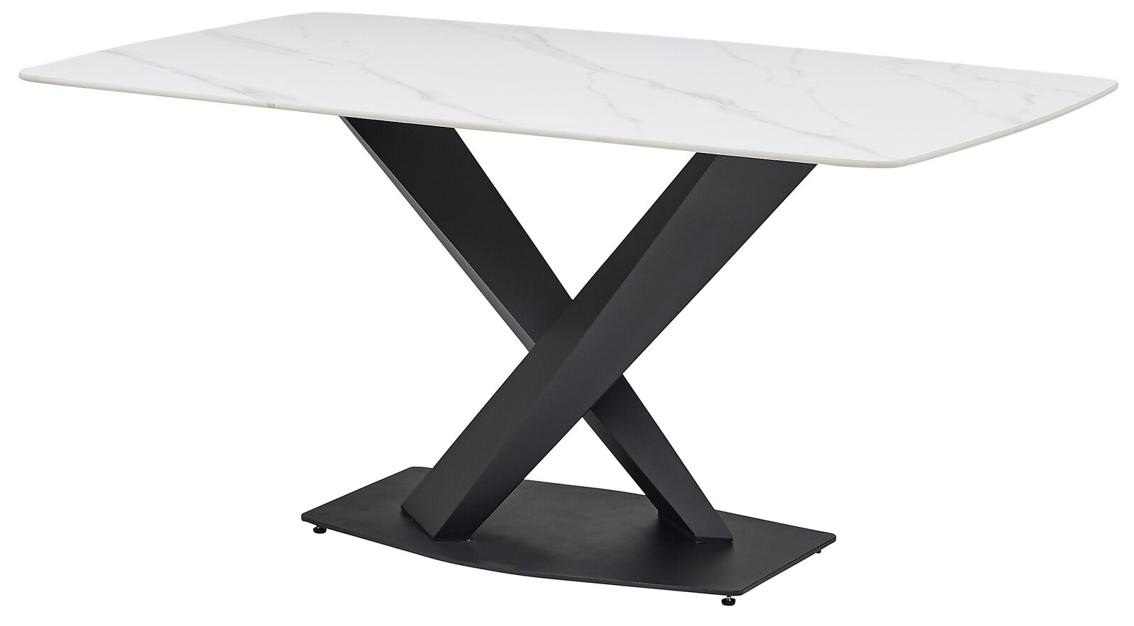 Moderner Esstisch mit weißer Marmoroptik-Tischplatte und schwarzem X-förmigem Metallgestell, seitliche Perspektive