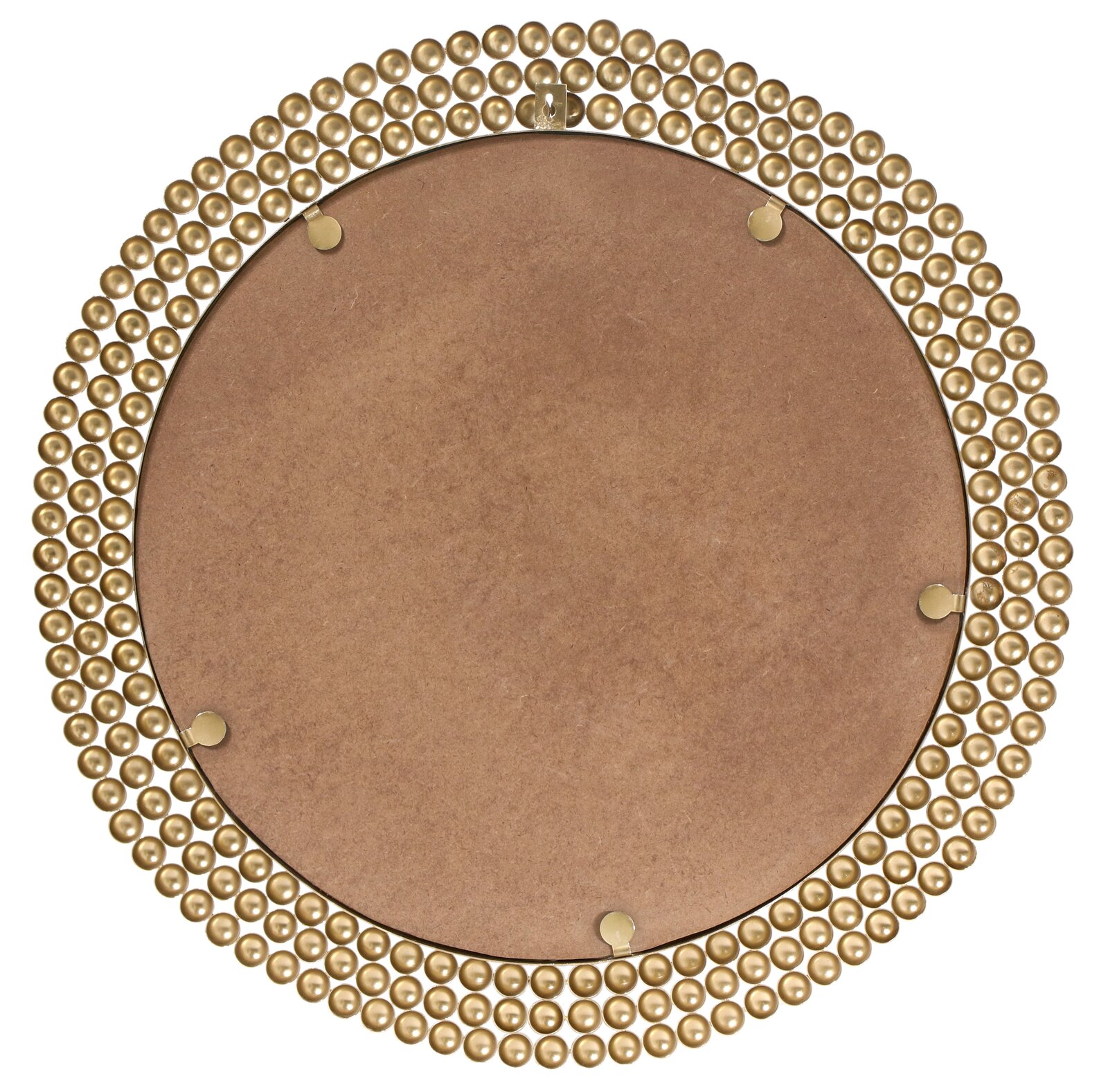 Rückansicht eines runden Spiegels mit einem Durchmesser von 76 cm, umgeben von einem dekorativen goldenen Rahmen aus Perlen.