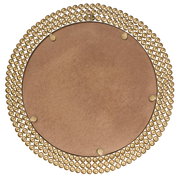 Rückansicht eines runden Spiegels mit einem Durchmesser von 76 cm, umgeben von einem dekorativen goldenen Rahmen aus Perlen.