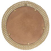 Rückansicht eines runden Spiegels mit einem Durchmesser von 76 cm, umgeben von einem dekorativen goldenen Rahmen aus Perlen.