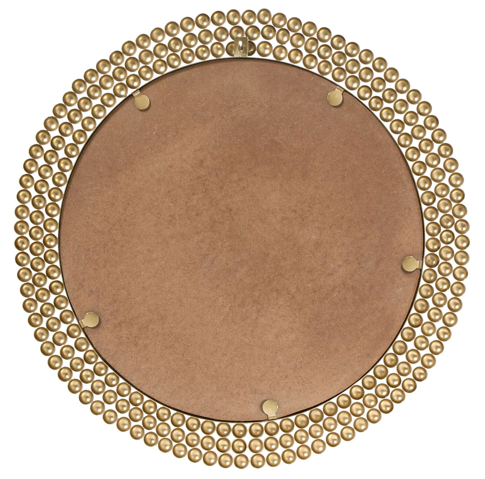Rückansicht eines runden Spiegels mit einem Durchmesser von 76 cm, umgeben von einem dekorativen goldenen Rahmen aus Perlen.