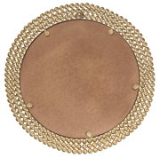 Rückansicht eines runden Spiegels mit einem Durchmesser von 76 cm, umgeben von einem dekorativen goldenen Rahmen aus Perlen.