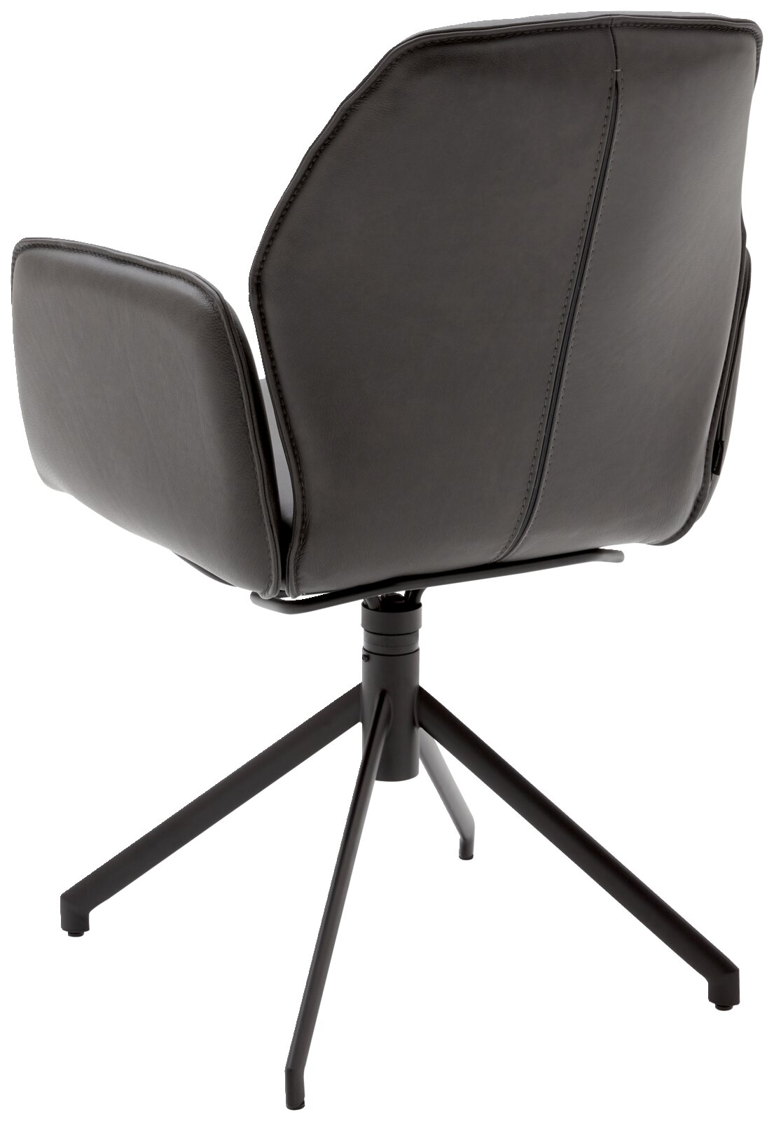 Achterkant van een moderne, zwarte fauteuil met een metalen onderstel met vier poten.