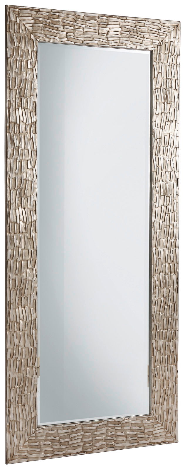 Großer rechteckiger Spiegel mit dekorativem, strukturiertem Rahmen in Silberoptik, seitliche Perspektive