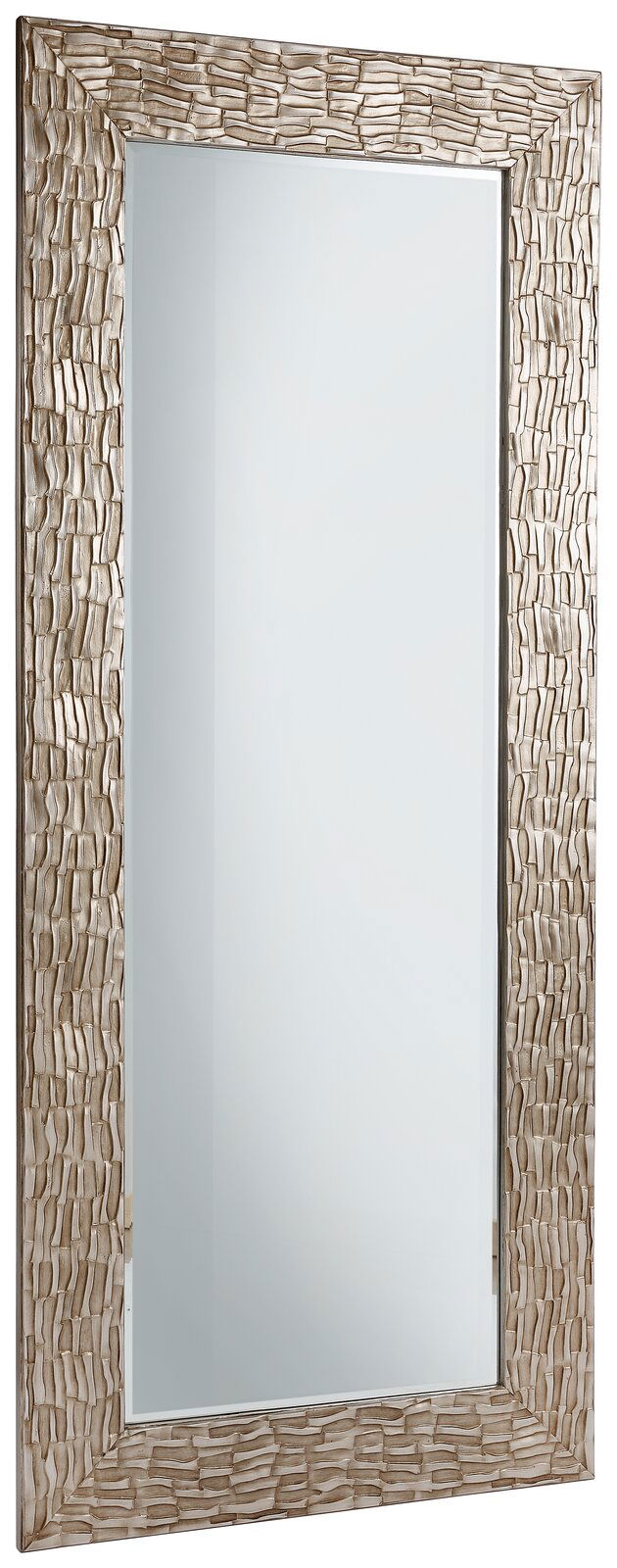 Großer rechteckiger Spiegel mit dekorativem, strukturiertem Rahmen in Silberoptik, seitliche Perspektive