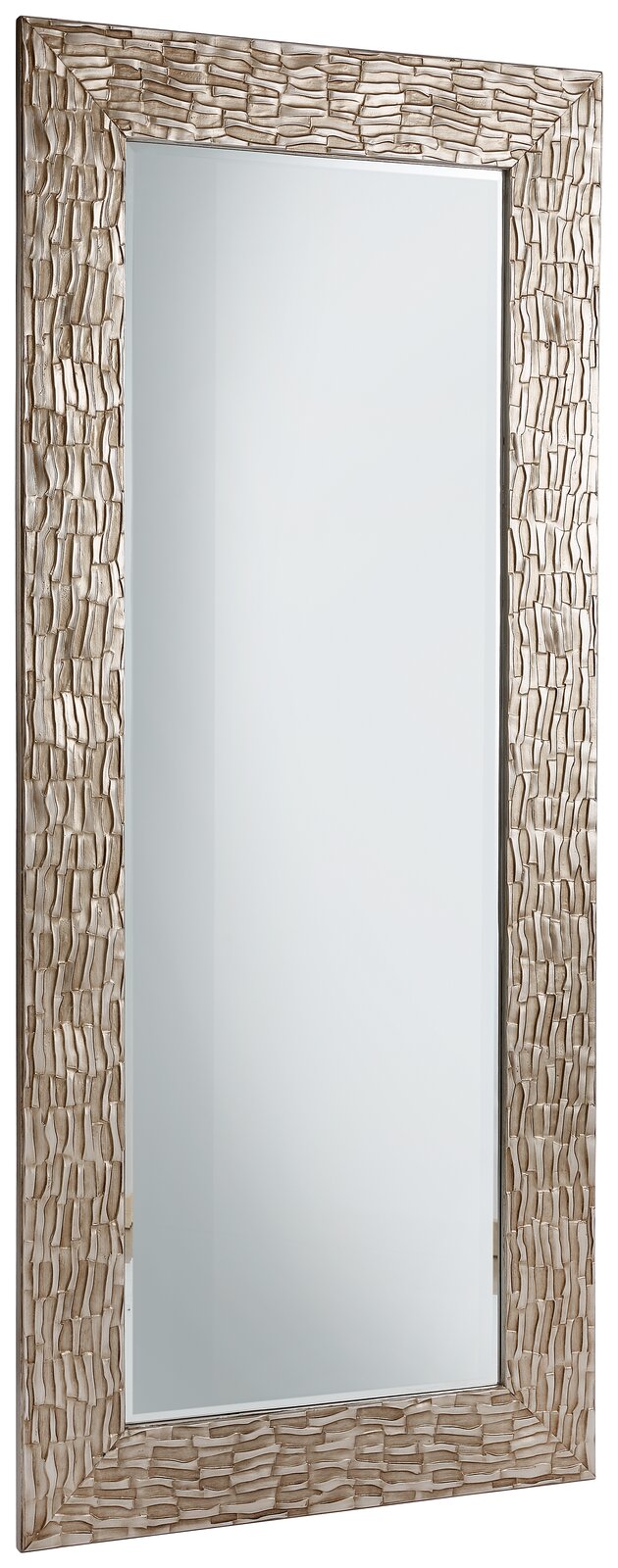 Großer rechteckiger Spiegel mit dekorativem, strukturiertem Rahmen in Silberoptik, seitliche Perspektive