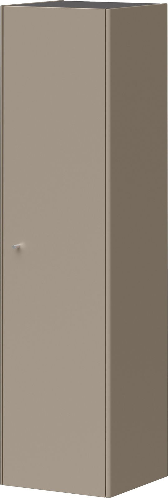 Beigefarbener Hängeschrank mit einer Tür, seitliche Perspektive