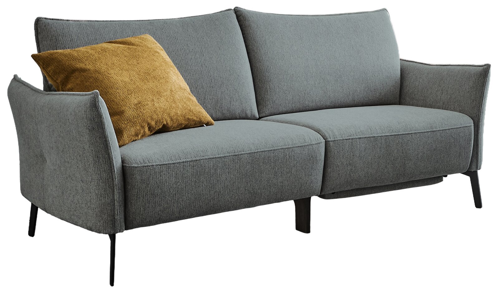 Graues 2-Sitzer-Sofa mit Stoffbezug, schwarzen Metallfüßen und gelbem Zierkissen, Ansicht schräg von vorne