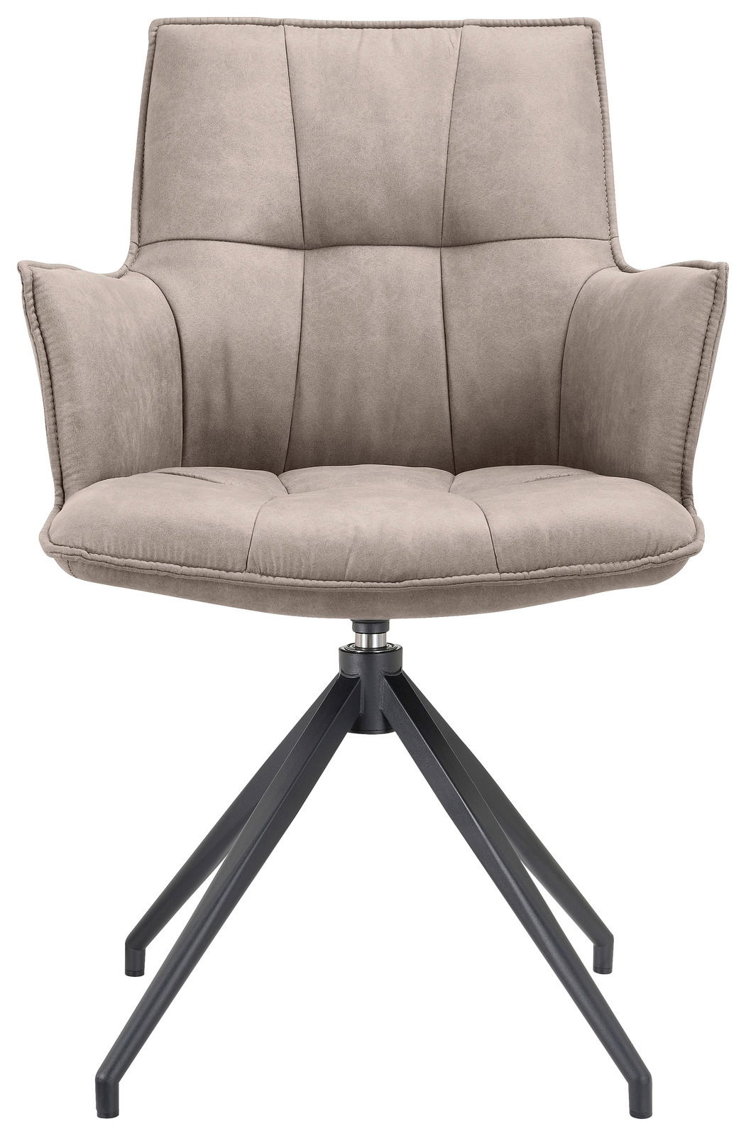 Moderner Sessel mit grauem Stoffbezug und schwarzem Metallgestell, Frontalansicht