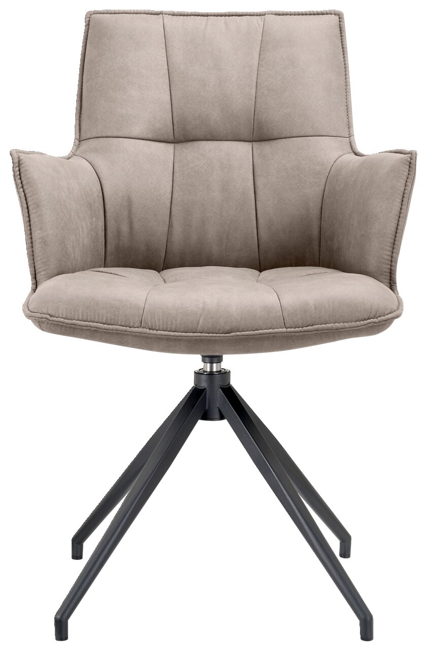 Moderner Sessel mit grauem Stoffbezug und schwarzem Metallgestell, Frontalansicht