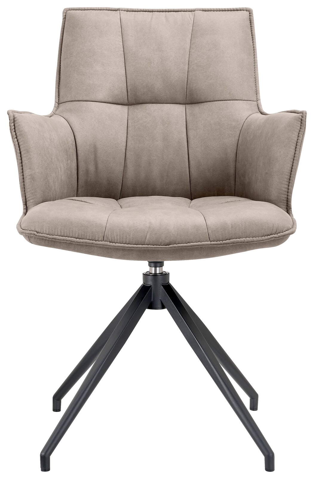 Moderner Sessel mit grauem Stoffbezug und schwarzem Metallgestell, Frontalansicht