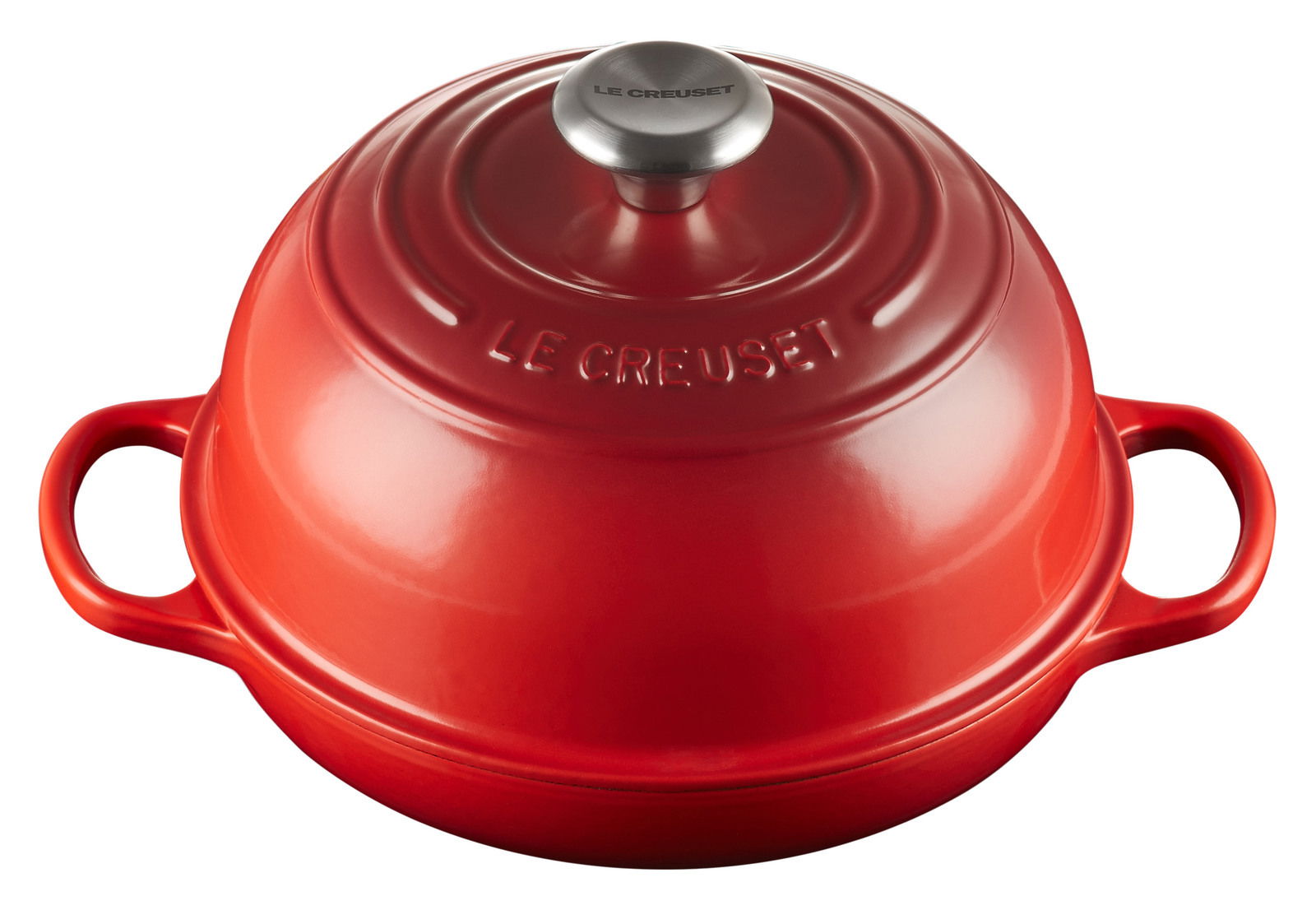 Roter Le Creuset Brot Bräter 24cm mit Deckel, seitliche Perspektive