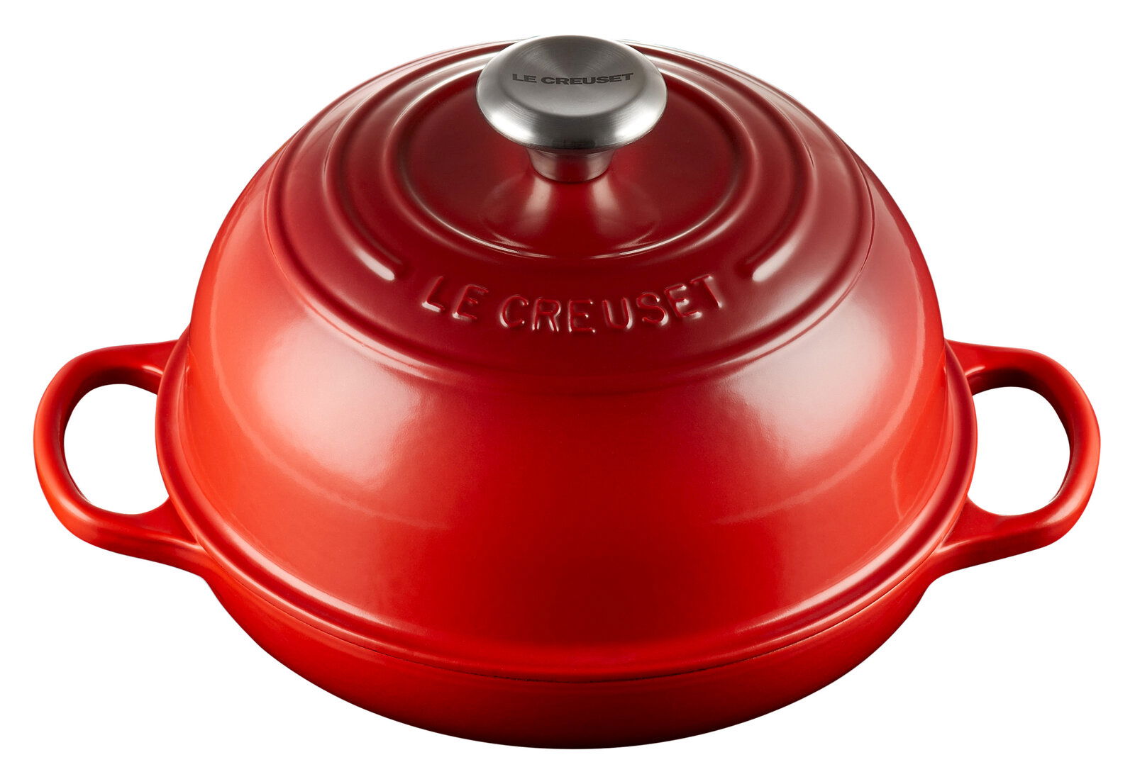 LE CREUSET Brot Bräter 24cm Kirschrot Roter Le Creuset Brot Bräter 24cm mit Deckel, seitliche Perspektive