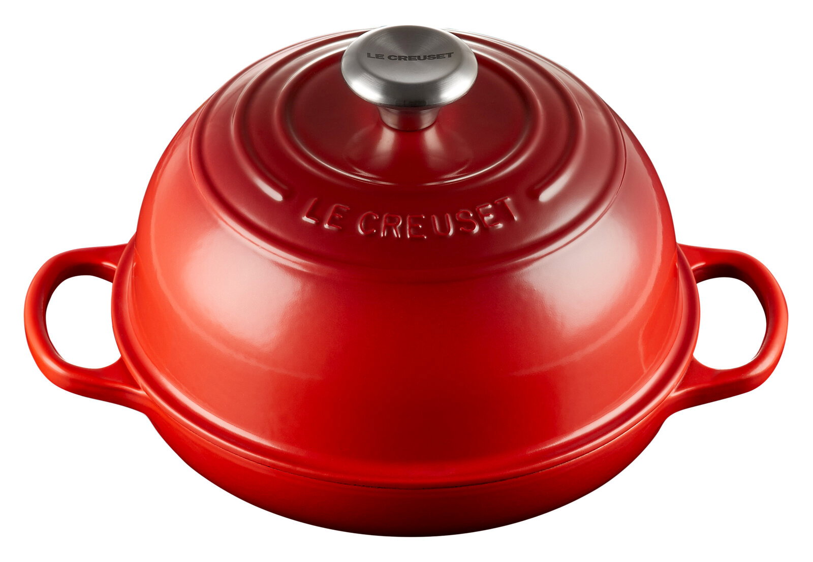 Roter Le Creuset Brot Bräter 24cm mit Deckel, seitliche Perspektive