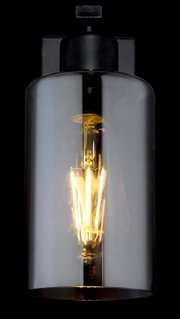 Moderne Wandleuchte mit schwarzem Sockel und transparentem Glaszylinder, seitliche Perspektive