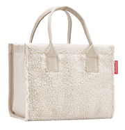 Kleine, cremefarbene Einkaufstasche aus weichem Material mit zwei Griffen, seitliche Perspektive