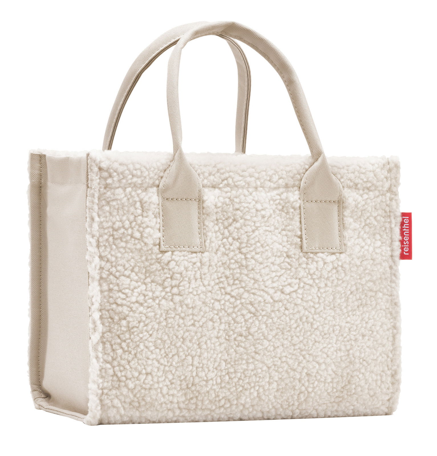 Kleine, cremefarbene Einkaufstasche aus weichem Material mit zwei Griffen, seitliche Perspektive