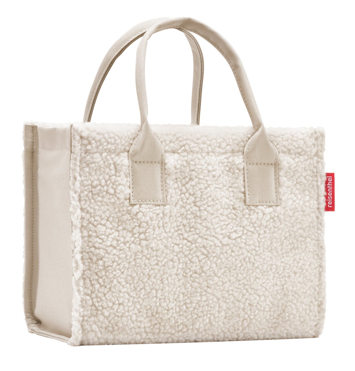 Reisenthel Daily Shopper xs TEDDY SAND Kleine, cremefarbene Einkaufstasche aus weichem Material mit zwei Griffen, seitliche Perspektive