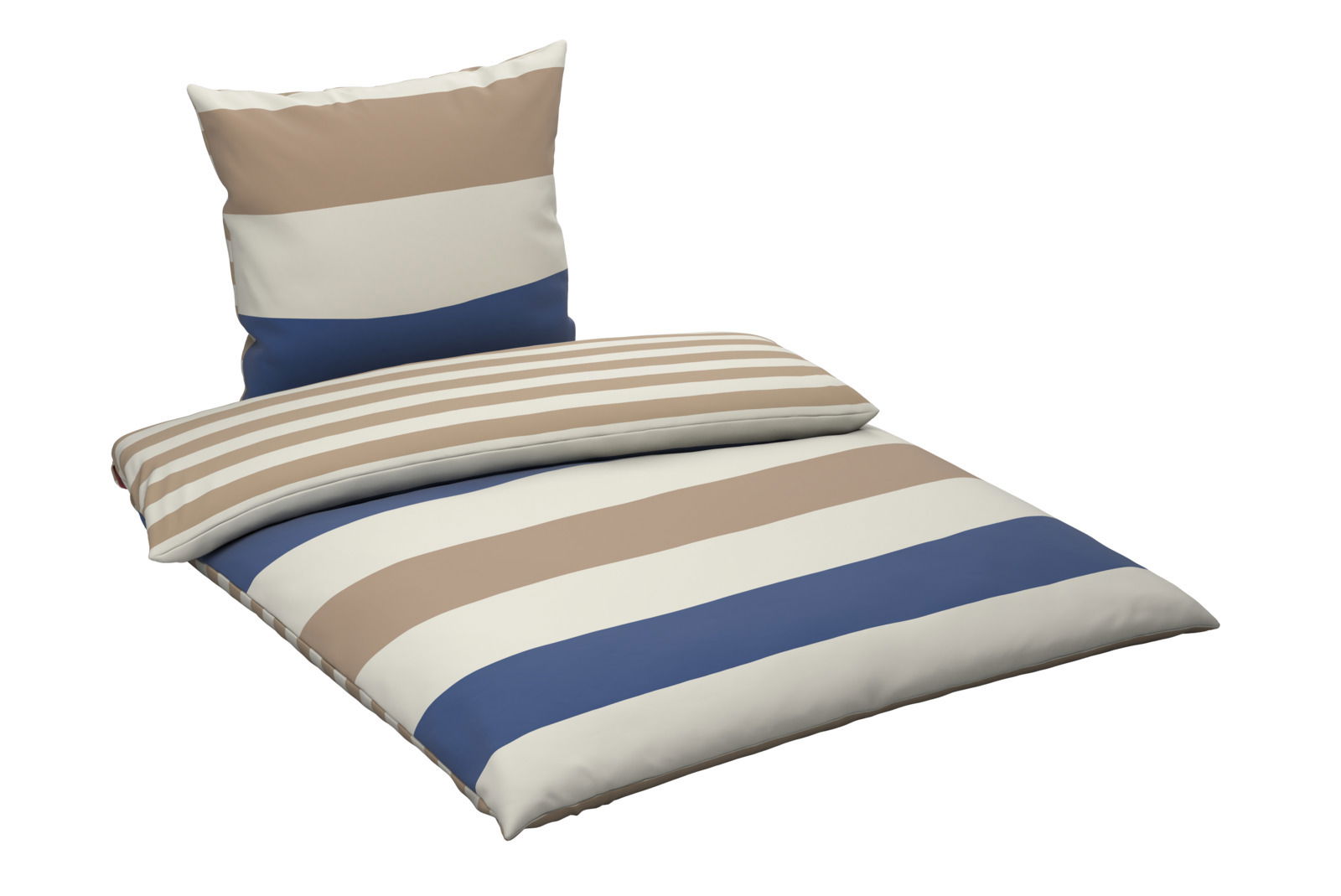 Wendebettwäsche mit breiten Streifen in Beige, Blau und Weiß, perspektivisch von vorne fotografiert.