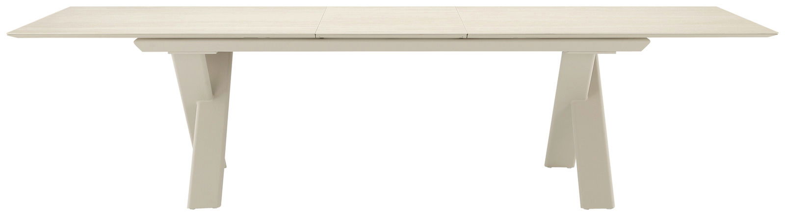 Moderner Garten Ausziehtisch in heller Holzoptik, frontal betrachtet.