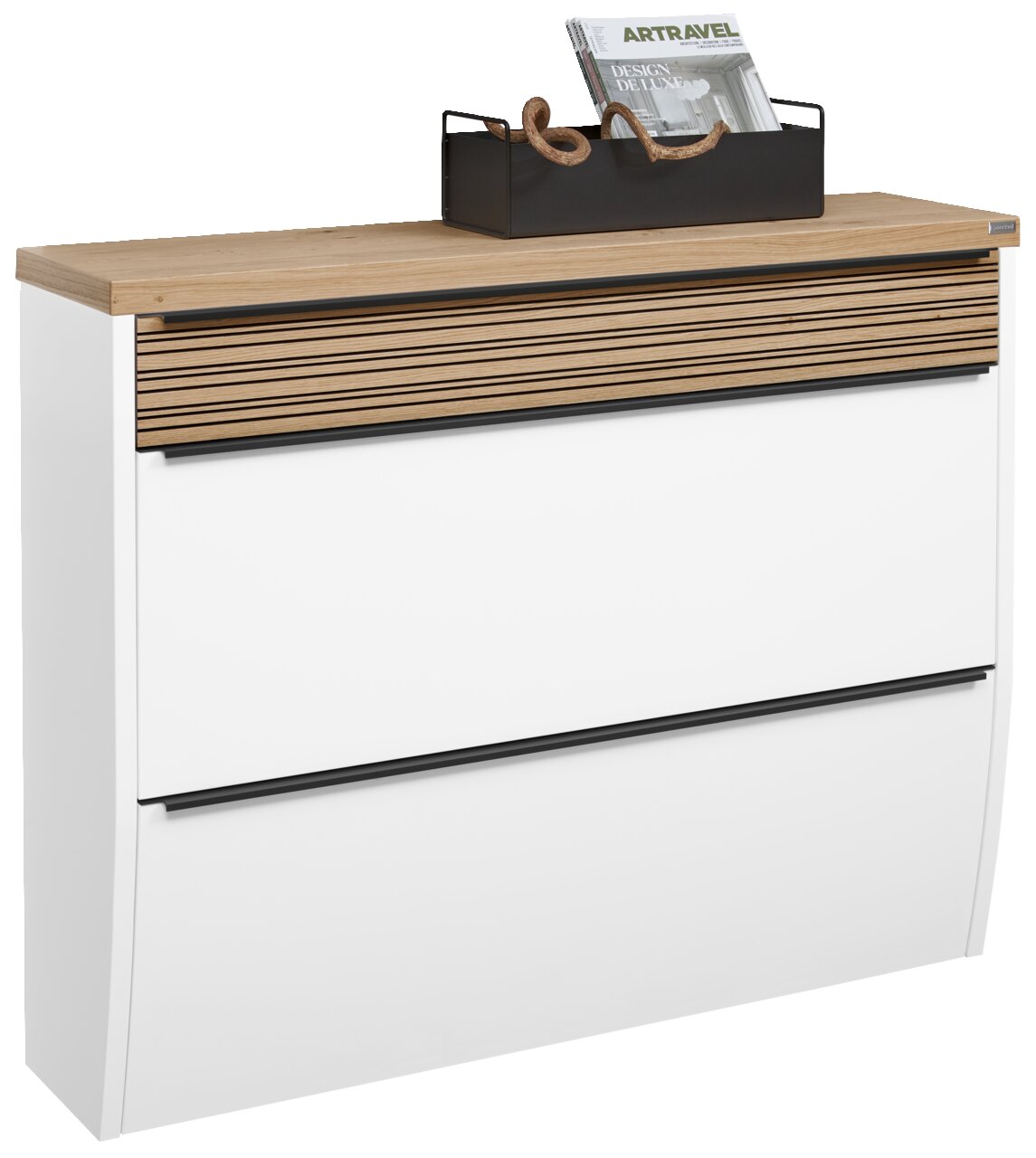 Dieter Knoll XL-Hängeschuhschrank ARCO NOVA Moderner XL-Hängeschuhschrank in Weiß mit Holzoberfläche, frontal abgebildet, mit dekorativer Zeitschriftenablage auf der Oberseite.