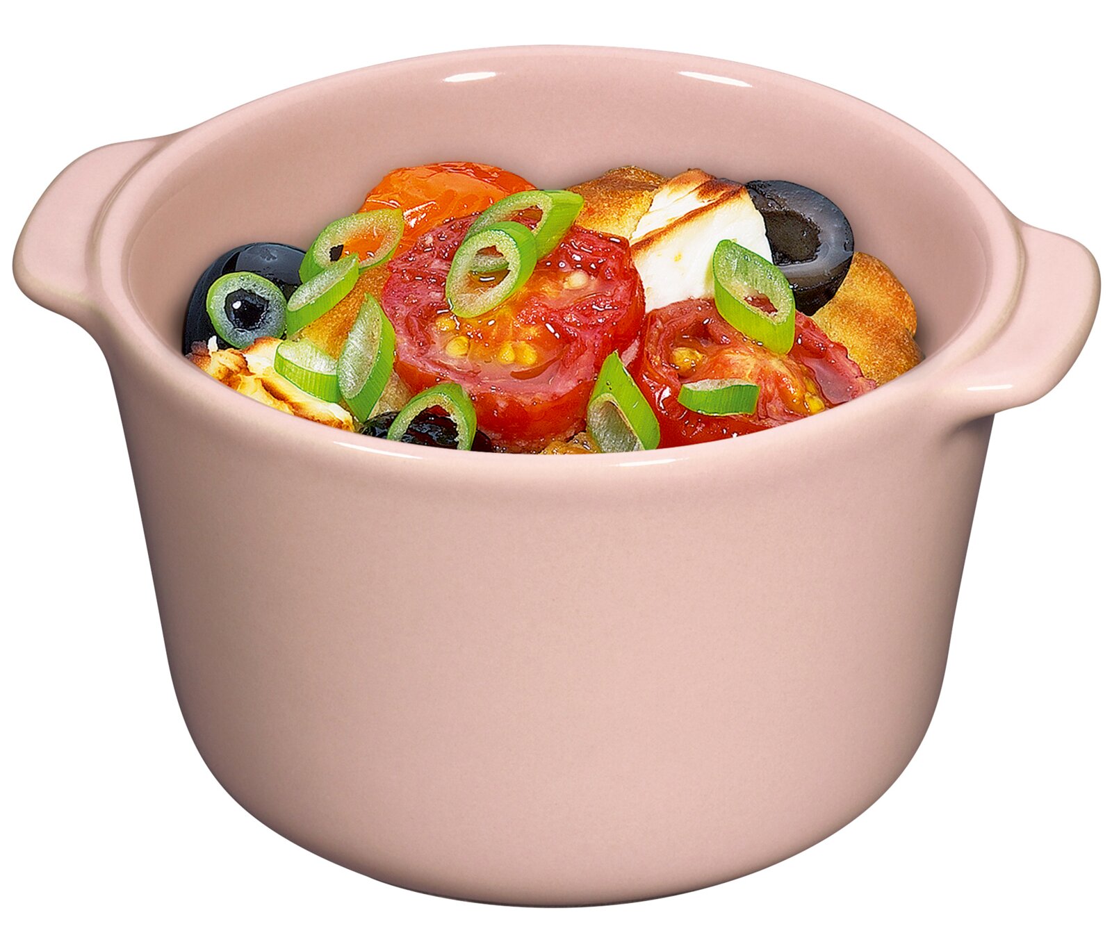 KÜCHENPROFI Set van 2 ragoutschaaltjes PORTO Roze ragoutschaaltjes met handvatten, gevuld met tomaten, olijven en lente-uitjes, gezien van voren.