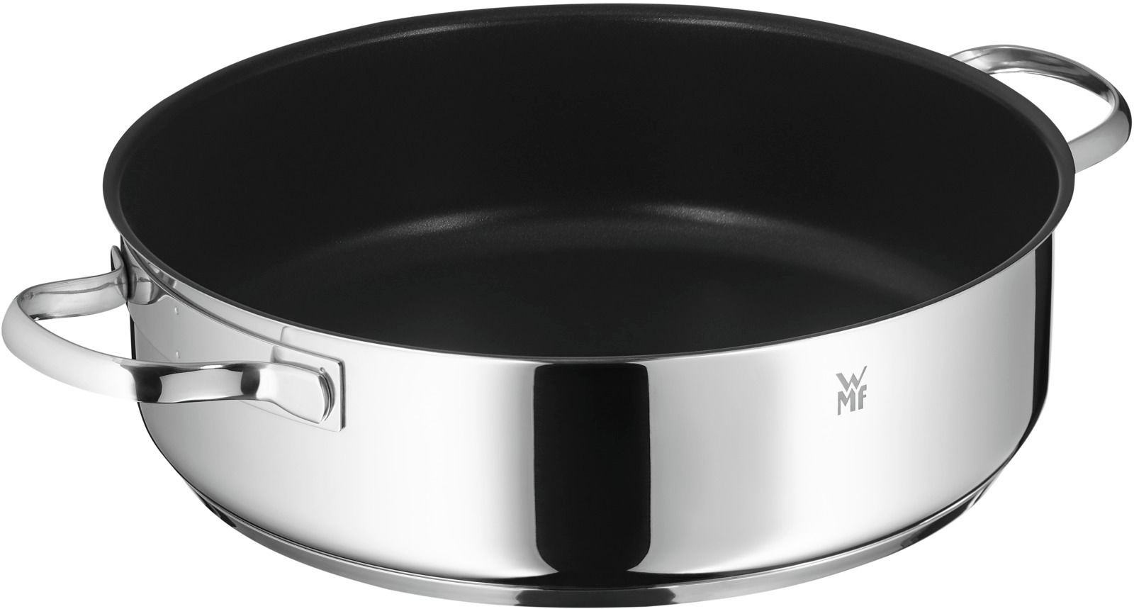 Edelstahlkochtopf mit zwei Griffen, seitliche Perspektive