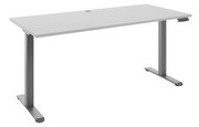 Moderner E-Schreibtisch 160 mit grauer Tischplatte und silbernen T-förmigen Beinen, seitliche Perspektive