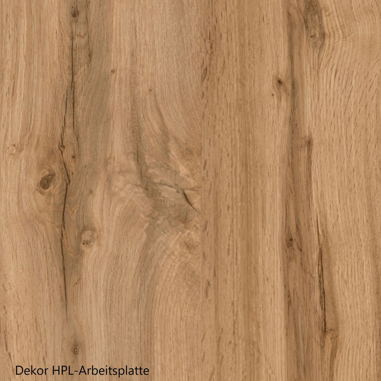 Holzdekor einer HPL-Arbeitsplatte in Nahaufnahme, zeigt natürliche Maserung und warme Brauntöne.