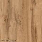 Holzdekor einer HPL-Arbeitsplatte in Nahaufnahme, zeigt natürliche Maserung und warme Brauntöne.
