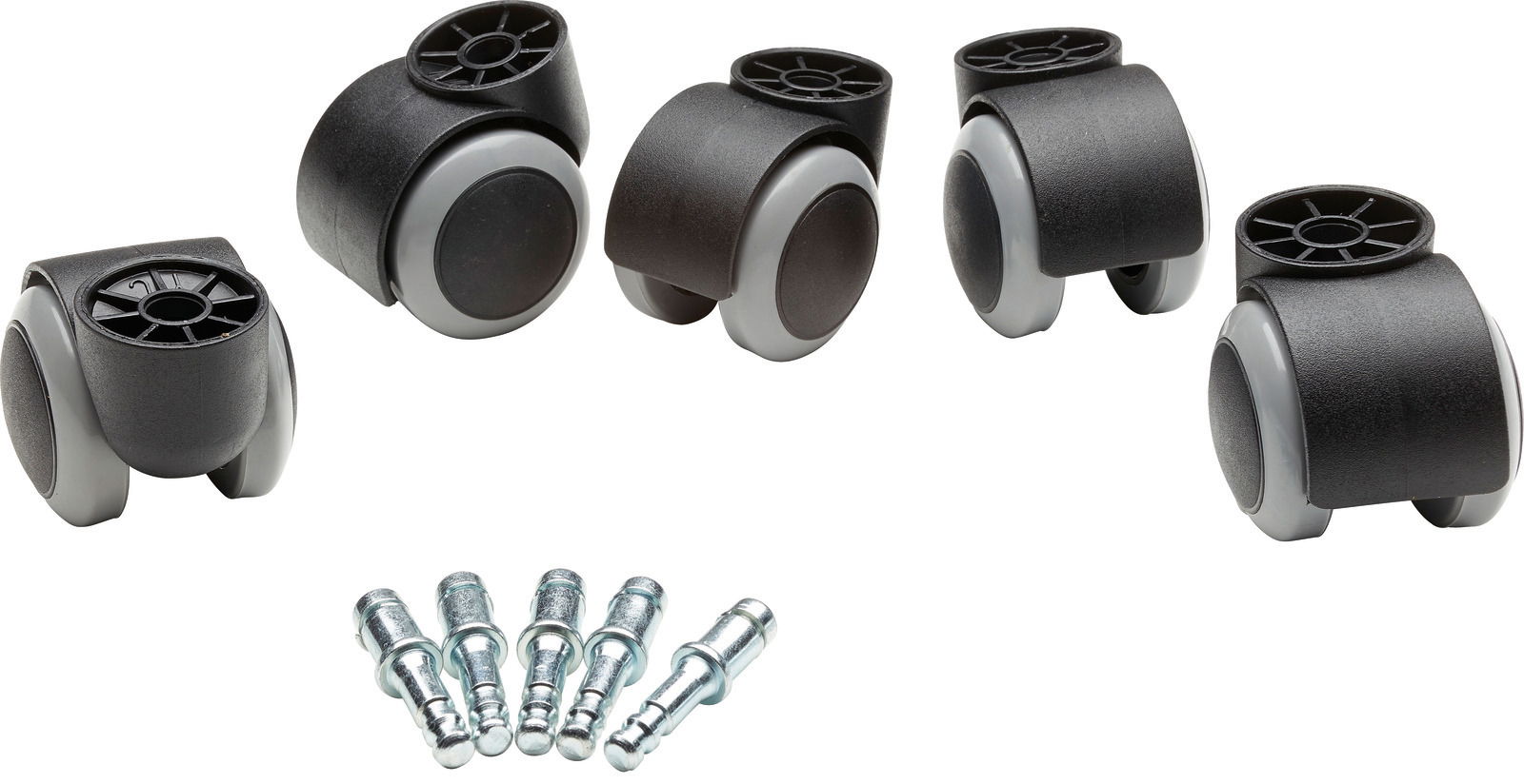 BOXXX Set wieltjes Filo Fünf schwarze Rollen mit grauen Rädern und sechs Metallstifte, Ansicht von oben.