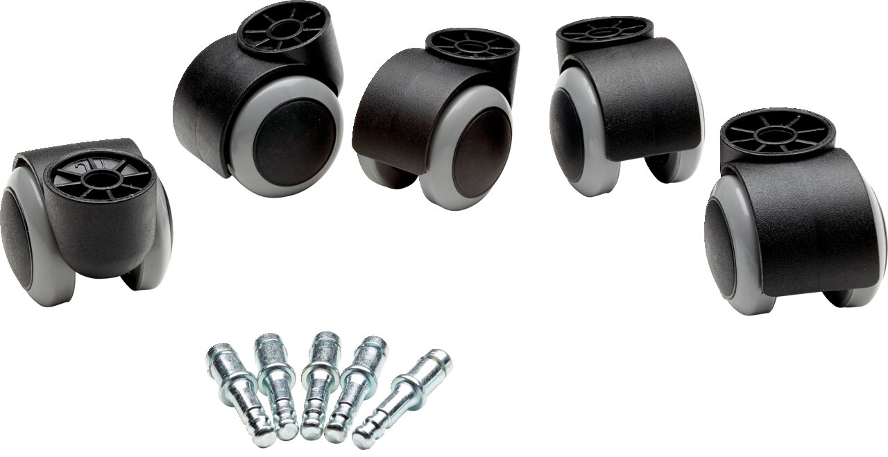 Fünf schwarze Rollen mit grauen Rädern und sechs Metallstifte, Ansicht von oben.