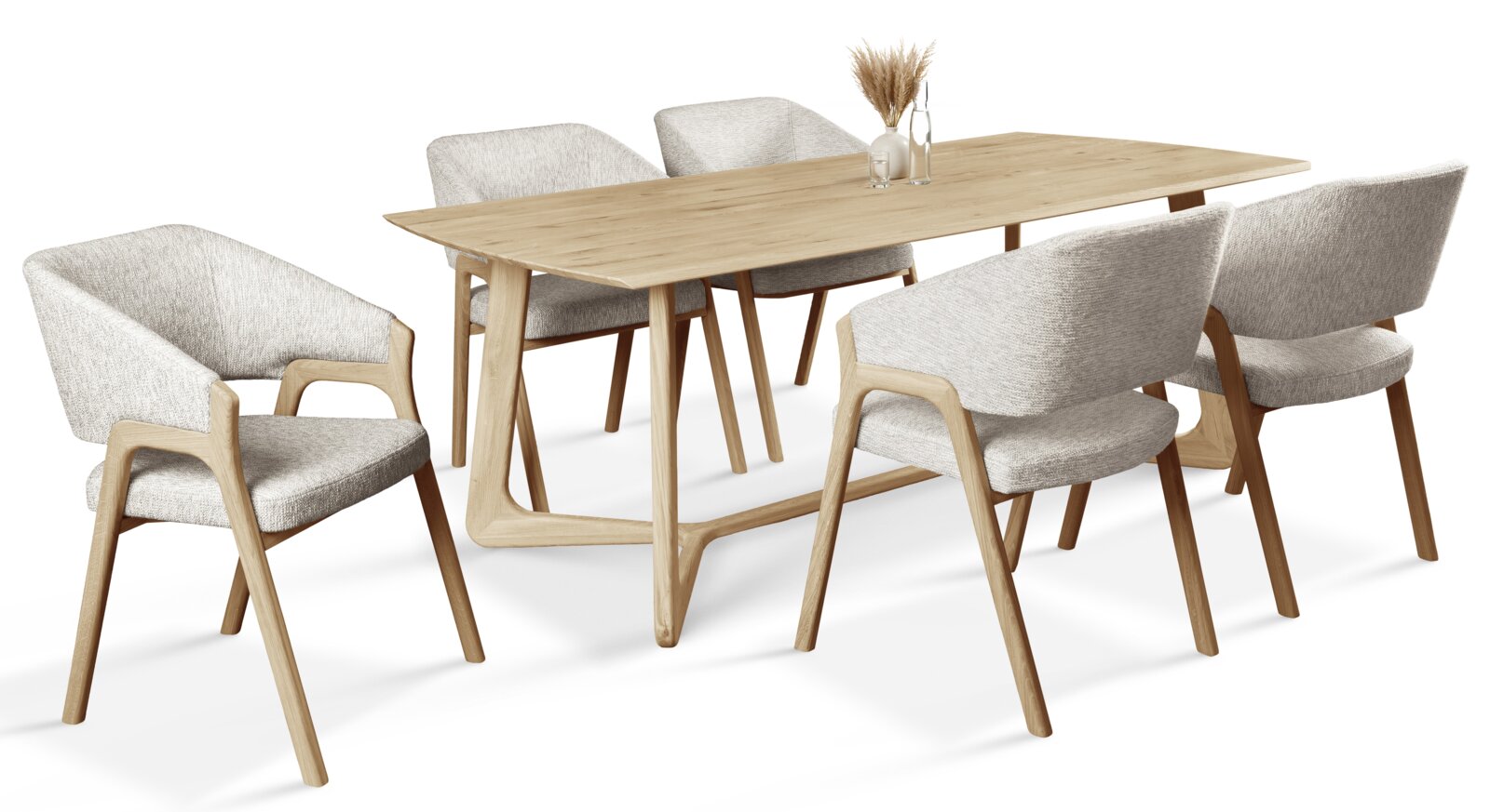 Esszimmer-Set mit einem rechteckigen Holztisch und sechs gepolsterten Armlehnstühlen in heller Stofffarbe, seitliche Perspektive