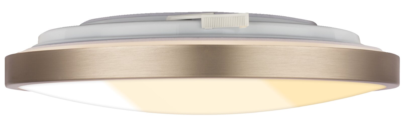 Ronde LED plafondlamp met mat wit diffuus licht en geborsteld metalen rand, zijaanzicht van onderaf