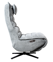 Seitenansicht einer grauen Relaxliege mit gepolstertem Design und schwarzem Drehfuß.