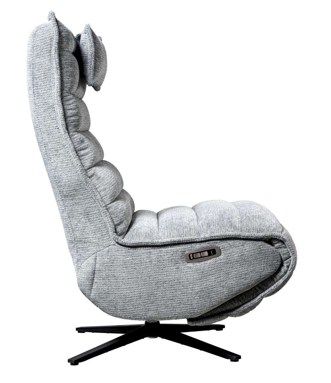 Seitenansicht einer grauen Relaxliege mit gepolstertem Design und schwarzem Drehfuß.