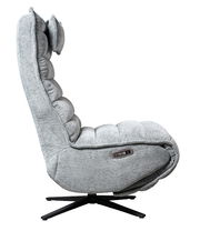 Seitenansicht einer grauen Relaxliege mit gepolstertem Design und schwarzem Drehfuß.