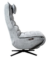 Seitenansicht einer grauen Relaxliege mit gepolstertem Design und schwarzem Drehfuß.