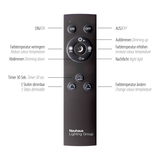 Fernbedienung für Deckenleuchte PURE-MIRA mit Funktionen zur Steuerung von Ein/Aus, Dimmen, Farbtemperatur und Nachtlicht. Frontalansicht.