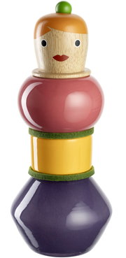 Bunte Objektvase Simonetta in Form einer stilisierten Figur, mit einer Holzoberfläche und farbigen Elementen in Rot, Gelb und Lila, aus der Frontalperspektive.