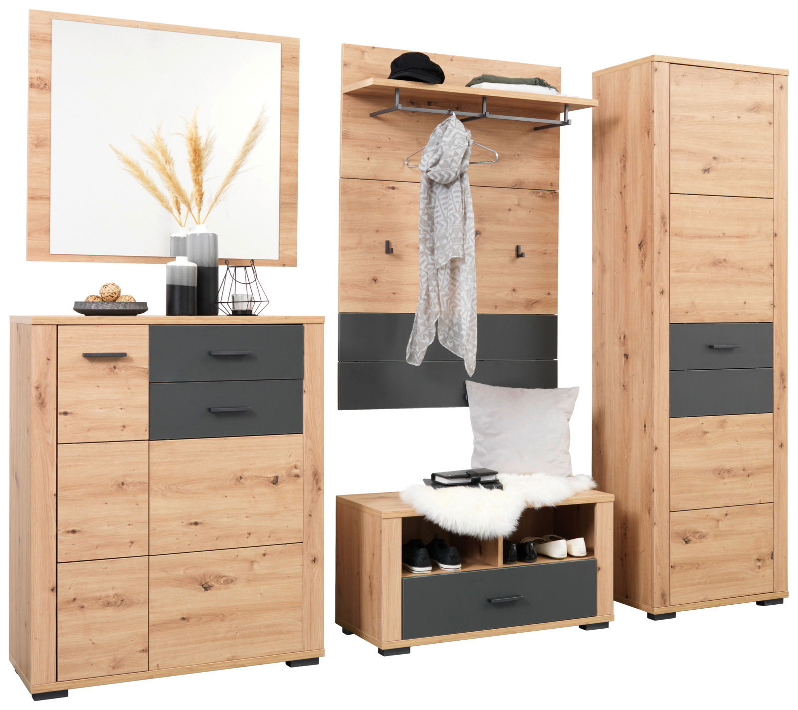 Garderoben-Set in Holzoptik mit Spiegel, Schuhschrank, Bank und Garderobenpaneel, frontal betrachtet