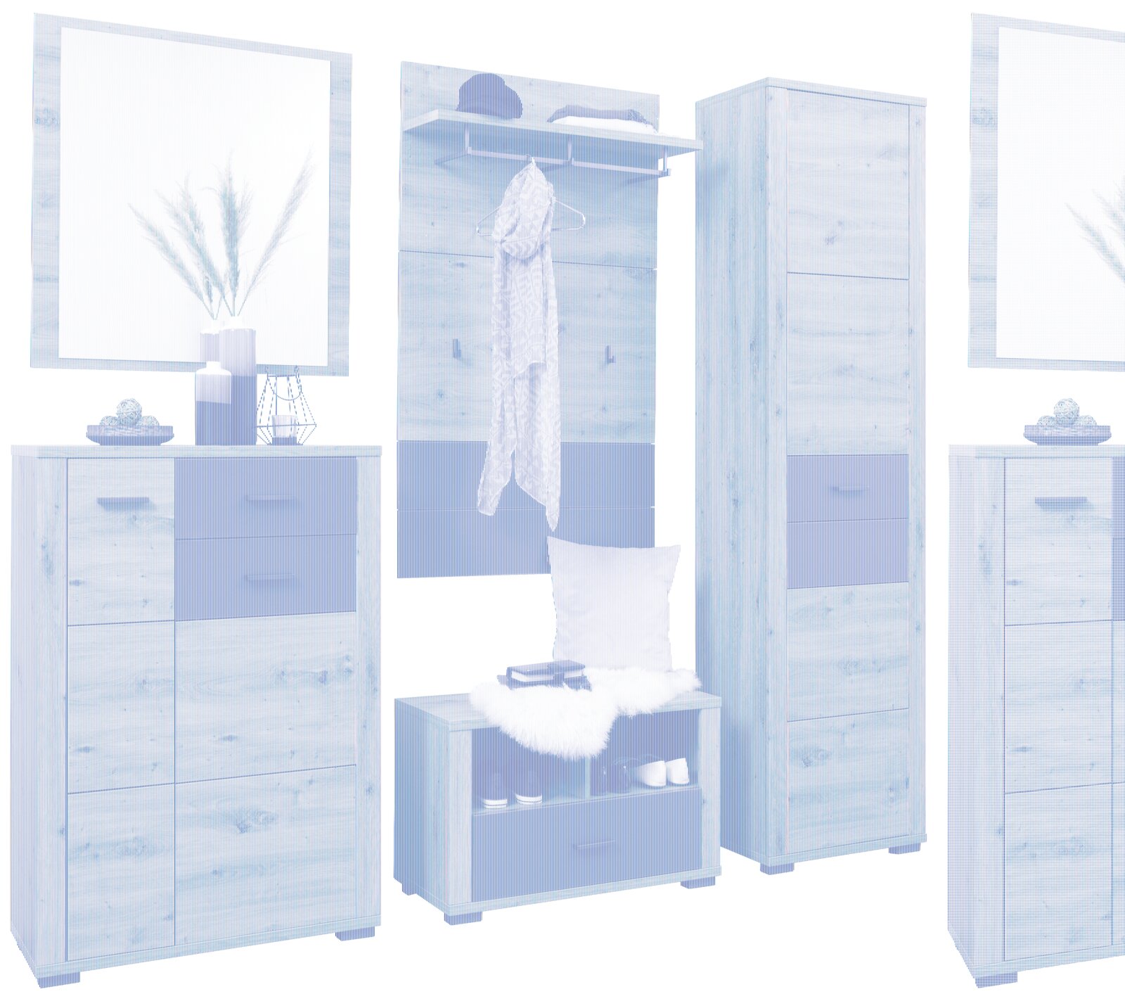 XORA Garderobenpaneel MAXIM Garderoben-Set in Holzoptik mit Spiegel, Schuhschrank, Bank und Garderobenpaneel, frontal betrachtet